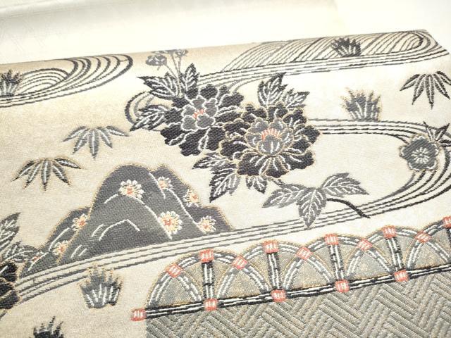 平和屋着物●六通柄袋帯　作家物　流水草花文　金糸　正絹　逸品　CABI8817hy