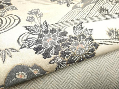 平和屋着物●六通柄袋帯　作家物　流水草花文　金糸　正絹　逸品　CABI8817hy