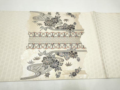 平和屋着物●六通柄袋帯　作家物　流水草花文　金糸　正絹　逸品　CABI8817hy