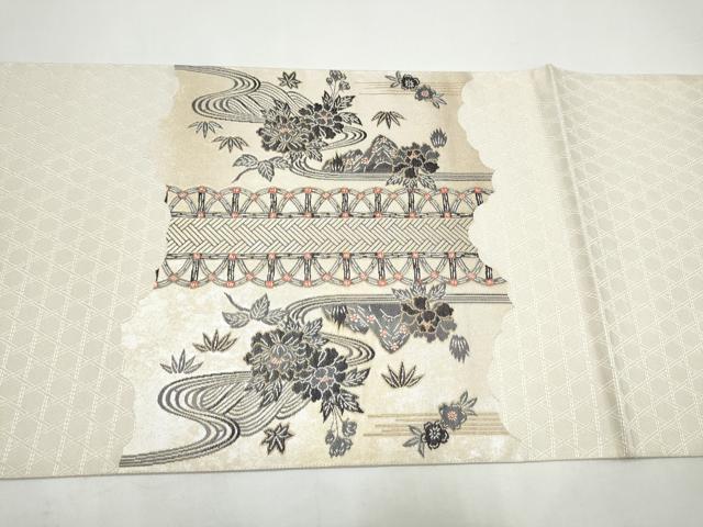 平和屋着物●六通柄袋帯　作家物　流水草花文　金糸　正絹　逸品　CABI8817hy