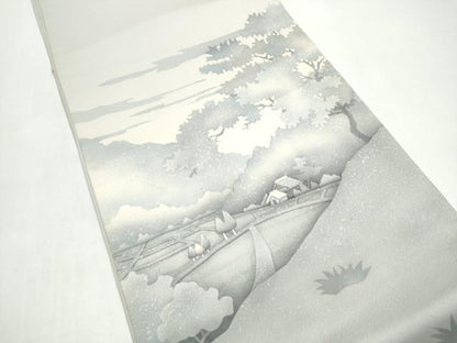 平和屋着物●太鼓柄袋帯　作家物　風景文　銀通し地　正絹　逸品　CABI8827hy