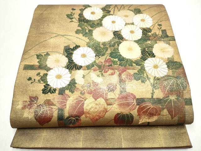 平和屋着物●中国三大刺繍　相良刺繍　太鼓柄袋帯　紬地　菊　金彩　正絹　逸品　CABI8834hy