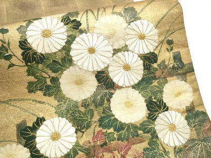 平和屋着物●中国三大刺繍　相良刺繍　太鼓柄袋帯　紬地　菊　金彩　正絹　逸品　CABI8834hy