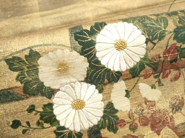 平和屋着物●中国三大刺繍　相良刺繍　太鼓柄袋帯　紬地　菊　金彩　正絹　逸品　CABI8834hy