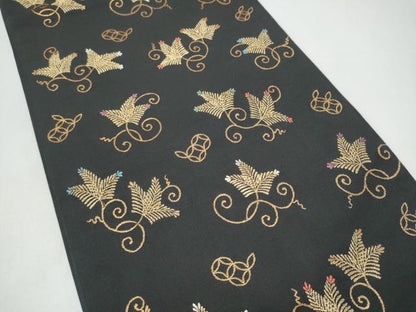 平和屋着物●六通柄　本袋帯　あけぼの繭　松葉唐草文　黒地　金糸　正絹　逸品　CABI8859hy