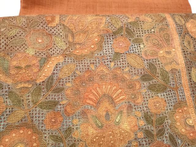平和屋着物●中国三大刺繍　スワトウ相良刺繍　総刺繍　太鼓柄袋帯　紬地　更紗花唐草文　正絹　逸品　CABI8870hy