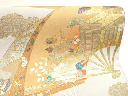 平和屋着物●太鼓柄袋帯　螺鈿　綴れ　扇面御所車鴛鴦花文　金彩　正絹　逸品　CABI8871hy