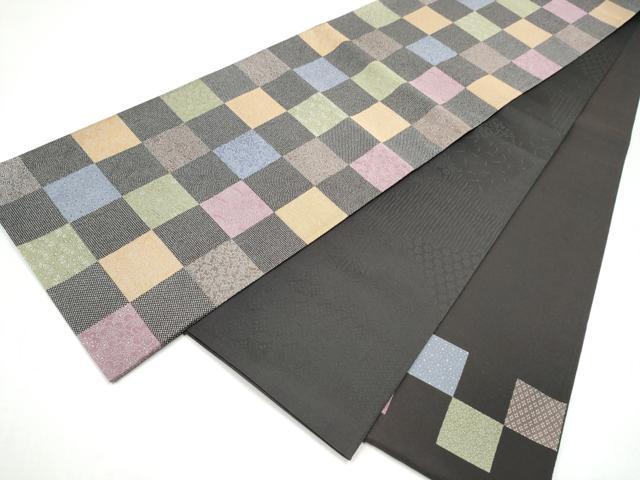平和屋着物●六通柄袋帯　伝統工芸極型織　市松草花文　正絹　逸品　CABI8888hy