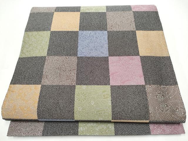 平和屋着物●六通柄袋帯　伝統工芸極型織　市松草花文　正絹　逸品　CABI8888hy