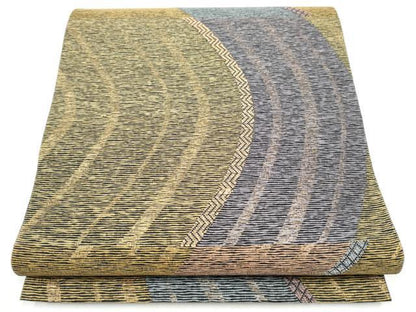 平和屋着物●六通柄袋帯　紙布　よろけ縞　金糸　やまと誂製　正絹　逸品　CABI8891hy