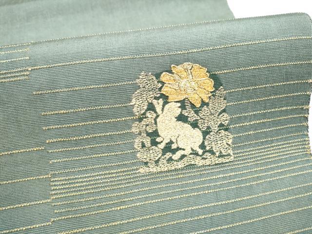 平和屋着物●太鼓柄袋帯　駒刺繍　黄金繭　花兎　金糸　正絹　逸品　CABI8892hy
