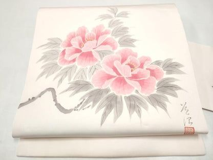 平和屋着物●九寸名古屋帯　作家物　手描き　枝牡丹　金彩　正絹　逸品　CABI8898hy