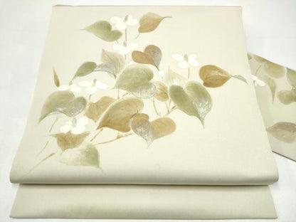 平和屋着物●塩瀬　九寸名古屋帯　手描き　枝花文　金彩　正絹　逸品　CABI8902hy