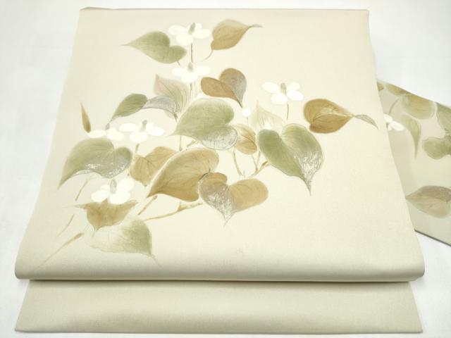 平和屋着物●塩瀬　九寸名古屋帯　手描き　枝花文　金彩　正絹　逸品　CABI8902hy