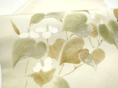 平和屋着物●塩瀬　九寸名古屋帯　手描き　枝花文　金彩　正絹　逸品　CABI8902hy