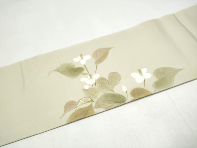 平和屋着物●塩瀬　九寸名古屋帯　手描き　枝花文　金彩　正絹　逸品　CABI8902hy