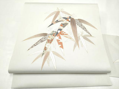 平和屋着物●塩瀬　九寸名古屋帯　駒刺繍　草花文　金彩　正絹　逸品　CABI8903hy