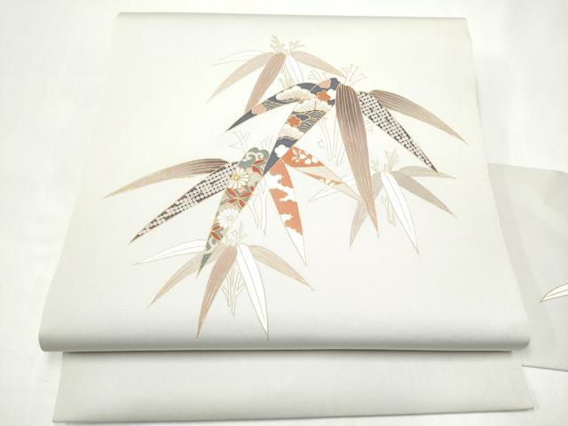 平和屋着物●塩瀬　九寸名古屋帯　駒刺繍　草花文　金彩　正絹　逸品　CABI8903hy