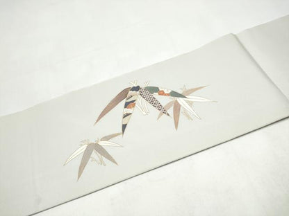 平和屋着物●塩瀬　九寸名古屋帯　駒刺繍　草花文　金彩　正絹　逸品　CABI8903hy