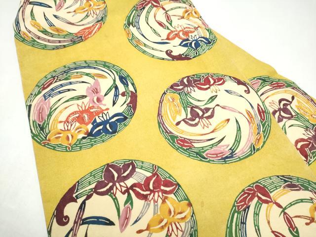 平和屋着物●九寸名古屋帯　紅型　杜若丸文　黒地　金糸　正絹　逸品　CABI8912hy