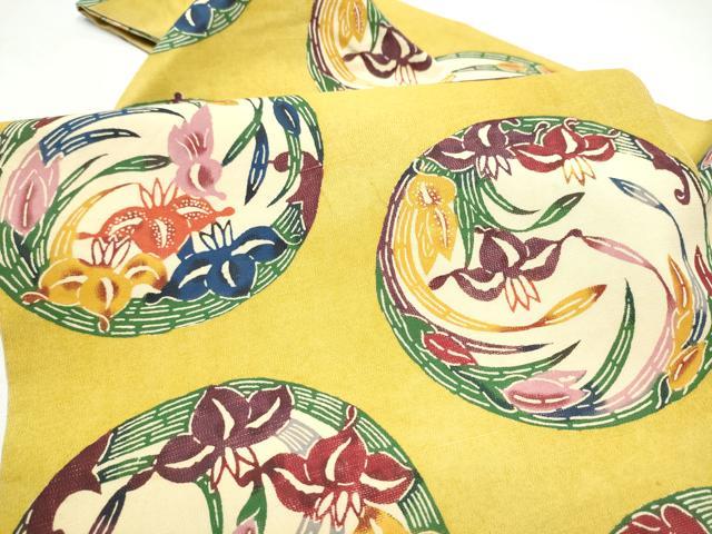平和屋着物●九寸名古屋帯　紅型　杜若丸文　黒地　金糸　正絹　逸品　CABI8912hy