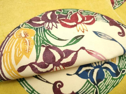 平和屋着物●九寸名古屋帯　紅型　杜若丸文　黒地　金糸　正絹　逸品　CABI8912hy