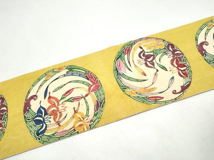 平和屋着物●九寸名古屋帯　紅型　杜若丸文　黒地　金糸　正絹　逸品　CABI8912hy