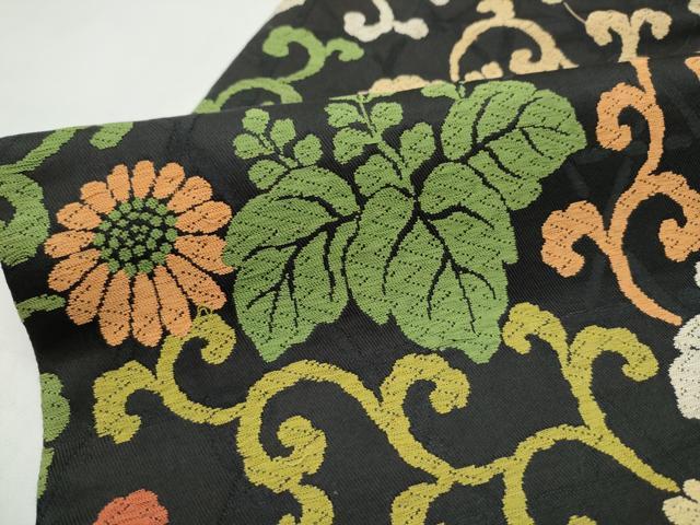 平和屋着物●九寸名古屋帯　唐織　菊桐唐草文　黒地　金糸　正絹　逸品　CABI8913hy