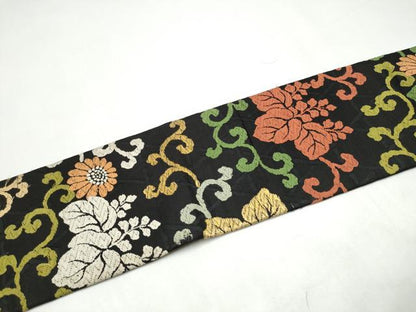平和屋着物●九寸名古屋帯　唐織　菊桐唐草文　黒地　金糸　正絹　逸品　CABI8913hy