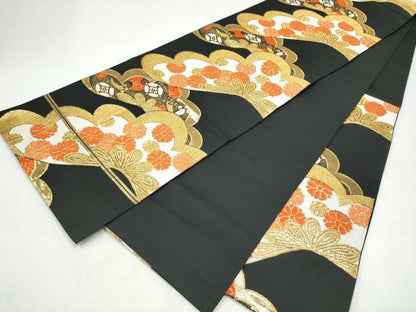 平和屋着物●西陣　川島織物　六通柄　本袋帯　草花文　黒地　金糸　正絹　逸品　CABI8915hy