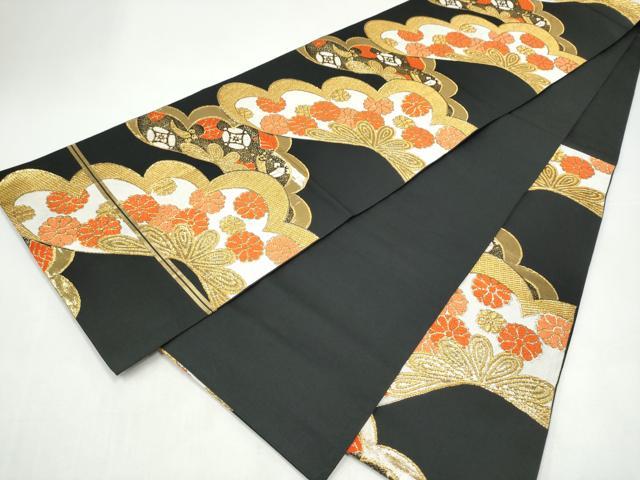 平和屋着物●西陣　川島織物　六通柄　本袋帯　草花文　黒地　金糸　正絹　逸品　CABI8915hy