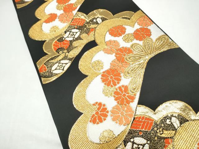 平和屋着物●西陣　川島織物　六通柄　本袋帯　草花文　黒地　金糸　正絹　逸品　CABI8915hy