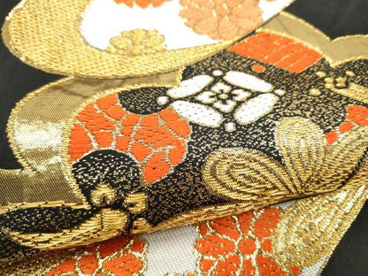 平和屋着物●西陣　川島織物　六通柄　本袋帯　草花文　黒地　金糸　正絹　逸品　CABI8915hy