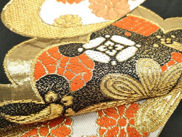 平和屋着物●西陣　川島織物　六通柄　本袋帯　草花文　黒地　金糸　正絹　逸品　CABI8915hy