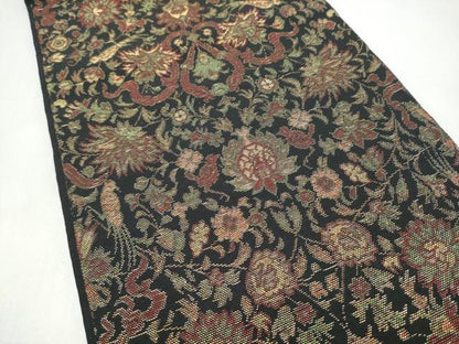 平和屋着物●織物一筋名門　織悦　全通柄　本袋帯　向かい鳥鴛鴦花文　黒地　金糸　正絹　逸品　CABI8921hy