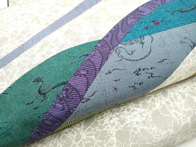 平和屋着物●伝統工芸士　岡崎忠良　太鼓柄袋帯　切嵌　龍　鶴　檜扇花文　銀糸　鈴乃屋扱い　正絹　逸品　CABI8924hy