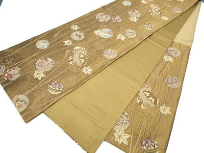 平和屋着物●六通柄袋帯　ふくれ織　花毬文　金糸　正絹　逸品　CABI8925hy