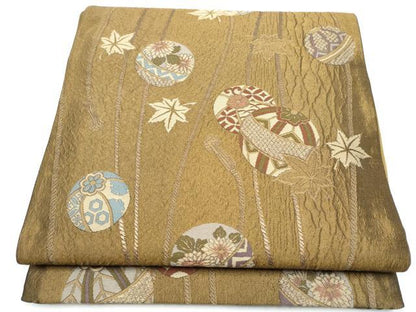 平和屋着物●六通柄袋帯　ふくれ織　花毬文　金糸　正絹　逸品　CABI8925hy