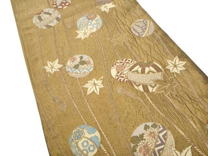 平和屋着物●六通柄袋帯　ふくれ織　花毬文　金糸　正絹　逸品　CABI8925hy