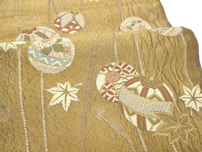 平和屋着物●六通柄袋帯　ふくれ織　花毬文　金糸　正絹　逸品　CABI8925hy