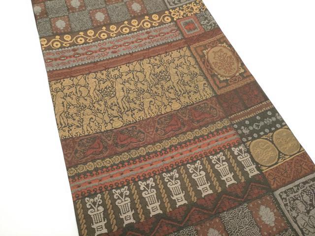 平和屋着物●全通柄袋帯　動物人物幾何学文様　正絹　逸品　CABI8939hy