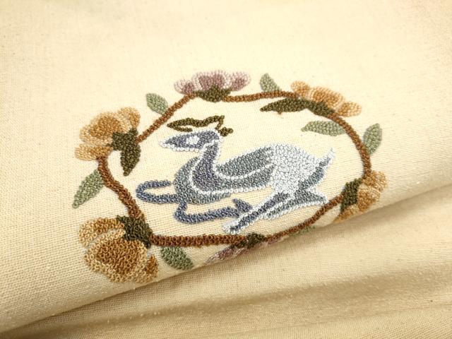平和屋着物●中国三大刺繍　総相良刺繍　九寸名古屋帯　紬地　動物花文　正絹　逸品　CABI8944hy