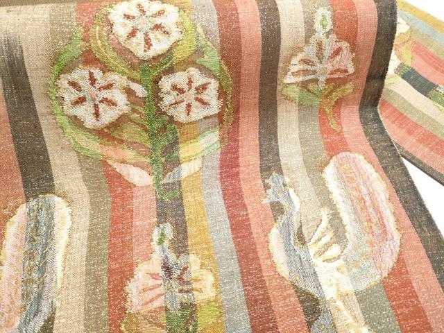 平和屋着物●九寸名古屋帯　すくい織　孔雀花文　金糸　正絹　逸品　CABI8947hy