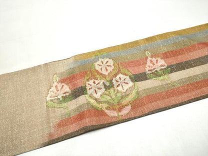 平和屋着物●九寸名古屋帯　すくい織　孔雀花文　金糸　正絹　逸品　CABI8947hy