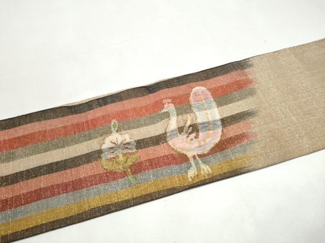 平和屋着物●九寸名古屋帯　すくい織　孔雀花文　金糸　正絹　逸品　CABI8947hy
