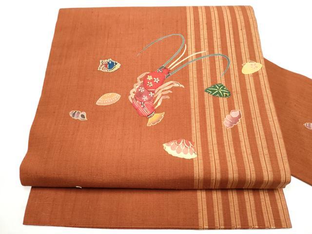 平和屋着物●九寸名古屋帯　紬地　パッチワーク　伊勢海老　貝　正絹　逸品　CABI8948hy