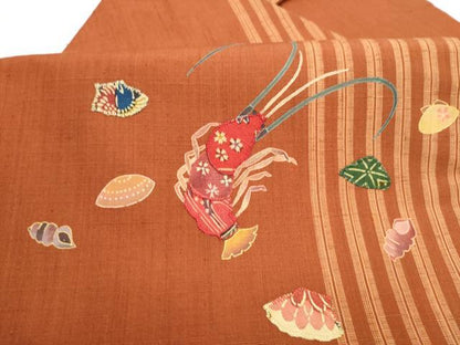平和屋着物●九寸名古屋帯　紬地　パッチワーク　伊勢海老　貝　正絹　逸品　CABI8948hy