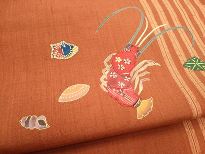 平和屋着物●九寸名古屋帯　紬地　パッチワーク　伊勢海老　貝　正絹　逸品　CABI8948hy