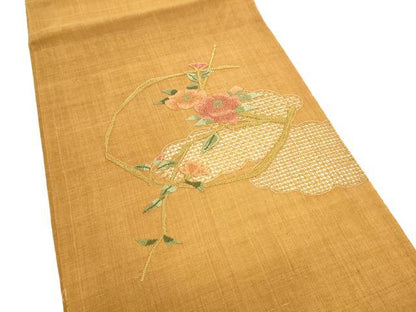 平和屋着物●中国三大刺繍　スワトウ相良刺繍　総刺繍　九寸開き名古屋帯　紬地　雲重ね枝椿　正絹　逸品　CABI8949hy