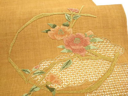 平和屋着物●中国三大刺繍　スワトウ相良刺繍　総刺繍　九寸開き名古屋帯　紬地　雲重ね枝椿　正絹　逸品　CABI8949hy